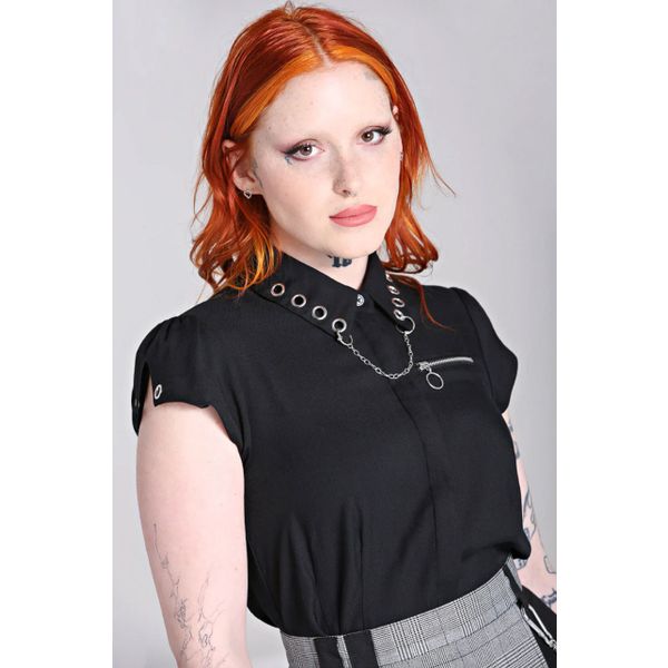 Hell Bunny | Blouse Destroya, zwart met punk details