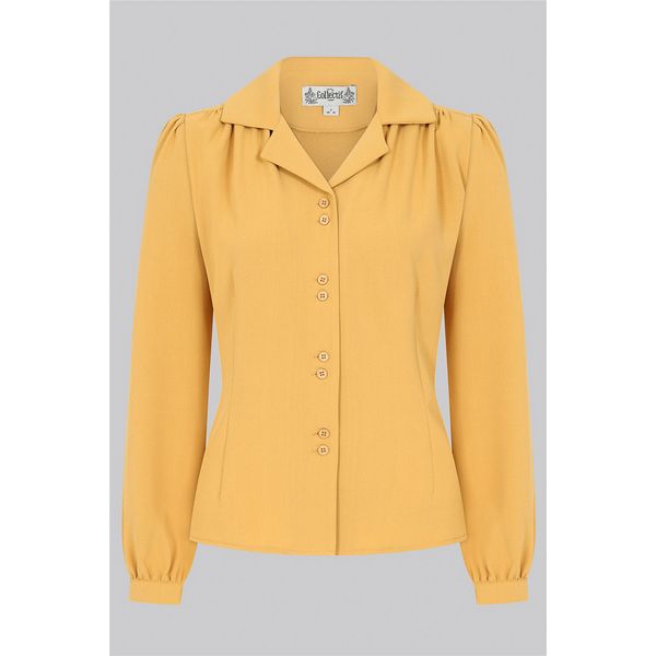 Collectif | Jaren 40 blouse, Pepper in mustard-geel met lange pofmouw