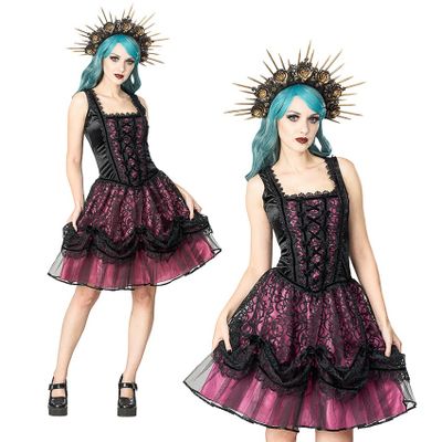 Foto van Sinister | Gothic Lolita mini-jurk Kira, zwart roze satijn