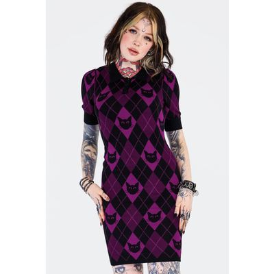 Jawbreaker | Paars geruite polo mini jurk Argyle met katten snoetjes