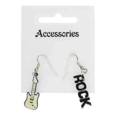 Foto van Zacharia | Rock oorbellen met een wit gitaartje en ROCK logo