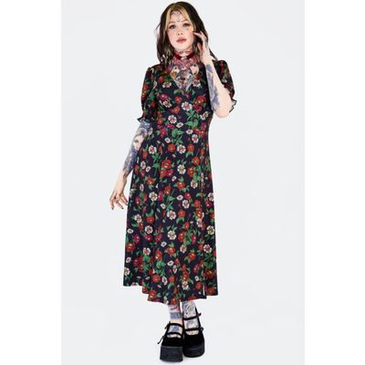 Jawbreaker | Jaren 80 Skull Flower midi jurk met pofmouwen