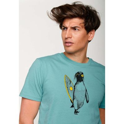 Foto van Green Bomb | T-shirt surf penguin summer print, blauw bio katoen
