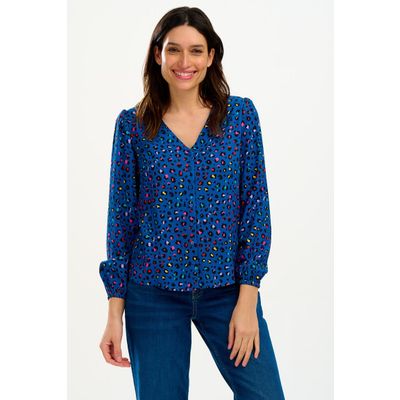 Sugarhill Brighton | Blouse Imelda, blauw met kleurrijke luipaard print