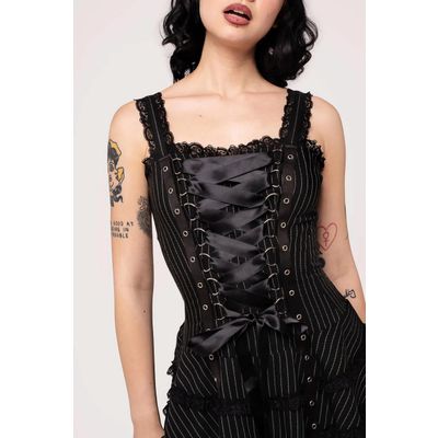 Foto van Hell Bunny | Gothic zwarte pinstripe mini jurk Harley, met corset details