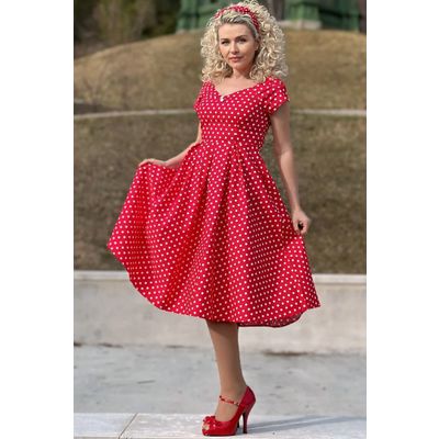 Foto van Dolly and Dotty | Jurk Lily off shoulder vintage swing jurk, rood met kleine witte strippen 