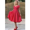 Afbeelding van Dolly and Dotty | Jurk Lily off shoulder vintage swing jurk, rood met kleine witte strippen