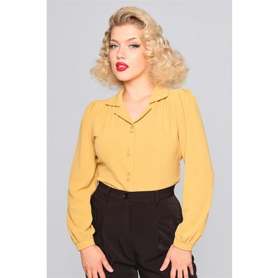 Foto van Collectif | Jaren 40 blouse, Pepper in mustard-geel met lange pofmouw