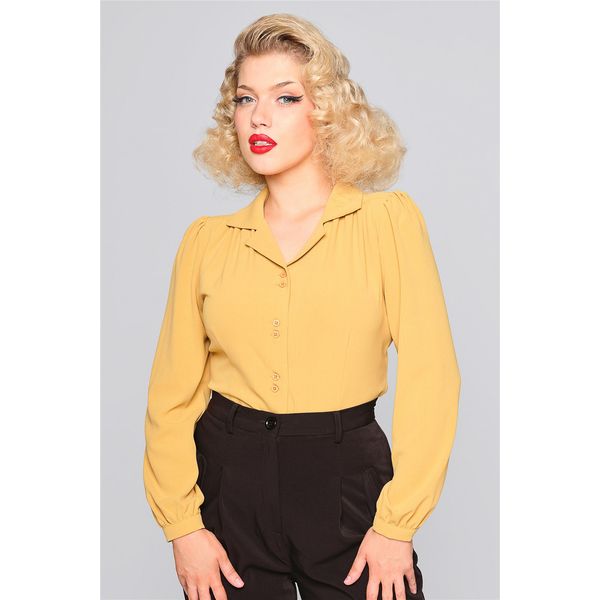 Collectif | Jaren 40 blouse, Pepper in mustard-geel met lange pofmouw