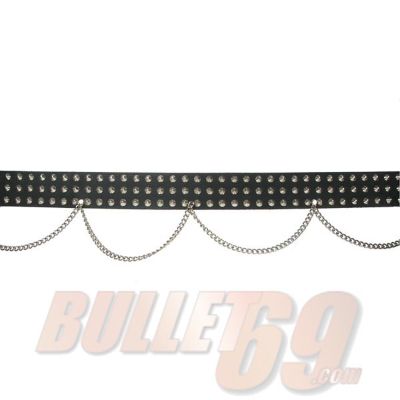 Bullet69 | Zwarte leren riem 51mm met 3 rijen zilveren conical studs en kettingtjes