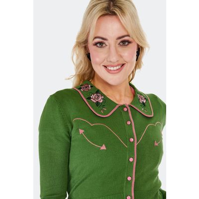 Foto van Voodoo Vixen | Groene cardigan Western stijl met roze rozen borduursel op de kraag