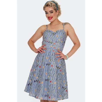 Foto van Voodoo Vixen | Blauwe jaren '60 Retro jurk met broderie borduursels en zomerbloemen