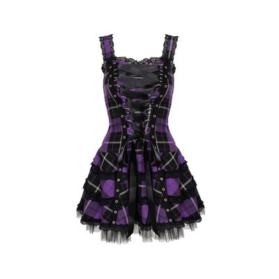 Foto van Hell Bunny | Punkjurkje Harley van zwart paarse tartan met corsetlint