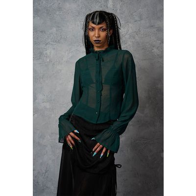 Banned | Romantische blouse Moonlit, groen met ruche-mouwen en halsstrik 