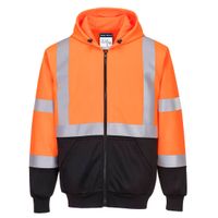 PortWest Hi-vis Tweekleurig Sweatshirt met rits en capuchon Oranje/Zwart| B315