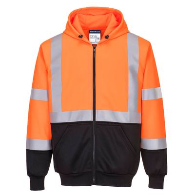 PortWest Hi-vis Tweekleurig Sweatshirt met rits en capuchon Oranje/Zwart| B315