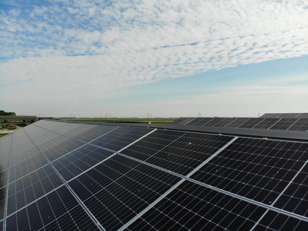 Groot dak met zonnepanelen onder een licht bewolkte lucht, met zicht op het Nederlandse landschap