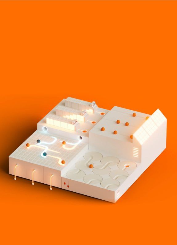 Een 3D-model van een groen energiesysteem met opwek, opslag, gebruik en beheer van duurzame energie.