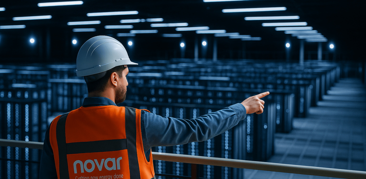 een werknemer van Novar wijst in een datacenter gebouw