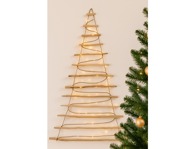 Afbeelding van Houten kerstboom ladder 205 cm lang incl verlichting