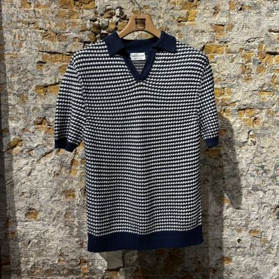 Foto van Settefili Cashmere Retro Knitted Linnen & Cotton Polo White & Navy