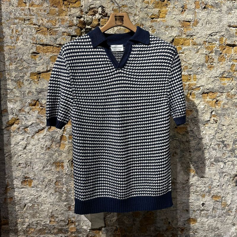 Settefili Cashmere Retro Knitted Linnen & Cotton Polo White & Navy Settefili Cashmere Retro Knitted Linnen & Cotton Polo White & Navy
