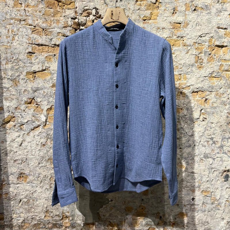 Hannes Roether Seersucker Cotton Shirt Washed Blue