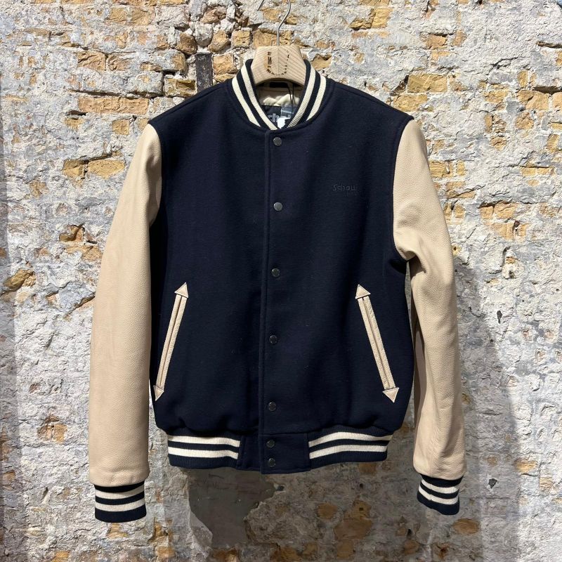 Schott Varsity jacket with collar cowhide leather Beige Navy 